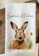 personalised hare print kitchen towel