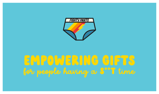 Empowering gifts for people having a tough time blue undies with ‘fighting pants are on’ written on the band. Gifts for people having a sh** Time