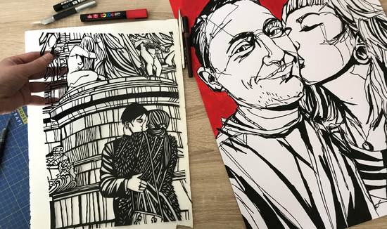 Examples of Darin's papercuts and pen drawings