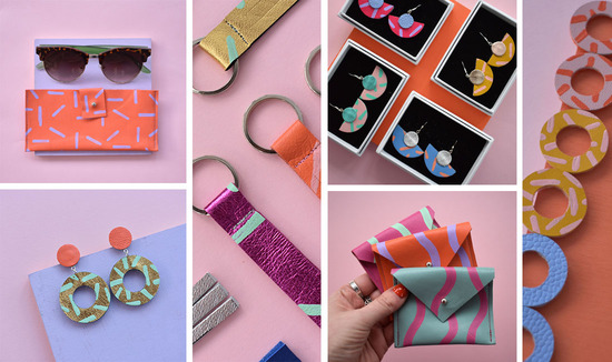 A selection of products including earrings, keyrings, card pouches and glasses pouches.