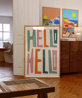 Hello Hello art print. Colour scheme is colourful on a beige background typography style.