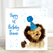 Whimsical Illustration of a lion with a blue party hat, celebrate a childs birthday and personalise the card with name and age 