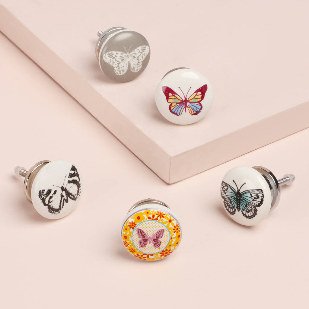 Butterfly Ceramic Door Knobs Cupboard Drawer Handles  