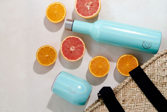 Insulated wine bottle and tumbler image with beach bag