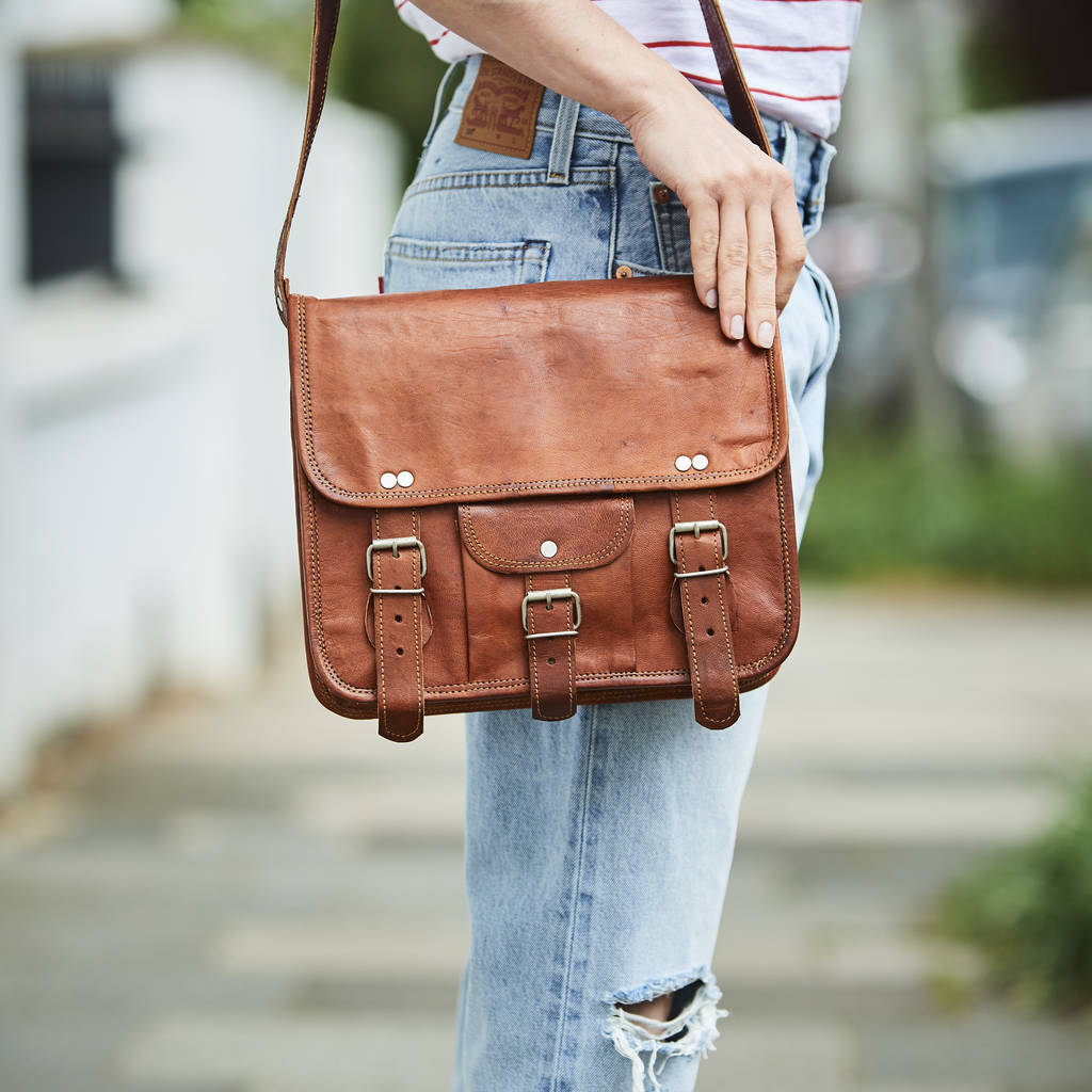 Leather Satchel With Front Pocket Midi, Gold