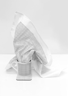 Monochrome Grid design Hand screen printed organic tea towel and bone china mug by Rolfe and Wills