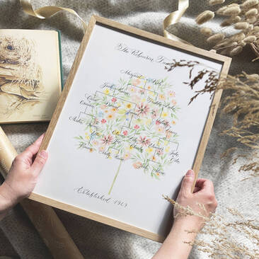 Beautiful calligraphy family tree art - By Moon & Tide