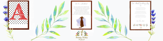 One polka dot initial print, one daschund dog poem and one wedding poem surrounded by flowers and long palm fronds with the PWP logo beneath.