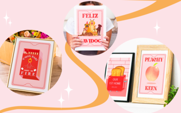 Product image showing four bright art prints against a pink and yellow background. 