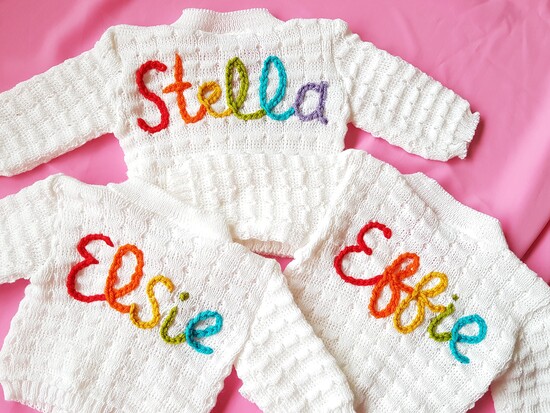 personalised baby name cardigans with rainbow embroidery