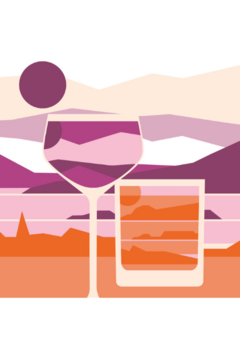 Abstract Bramble and Old Fashioned graphic with landscape background in orange and purple shades.