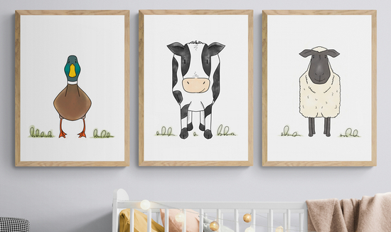 Farmyard Nursery Prints, Nursery Decor, Nursery Art, Duck Print, Cow Print, Sheep Print