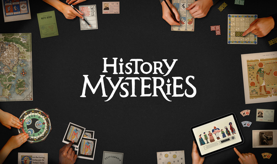 History Mysteries logo surrounded by components from the game