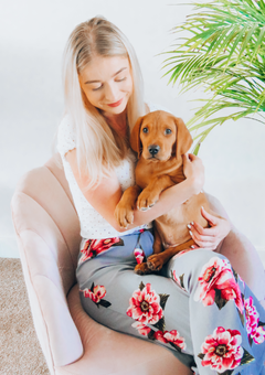 a blonde girl sat on a pink chair wearing grey trousers with pink flowers on them and a white top. she is holding a fox red labrador puppy in her arms, smiling