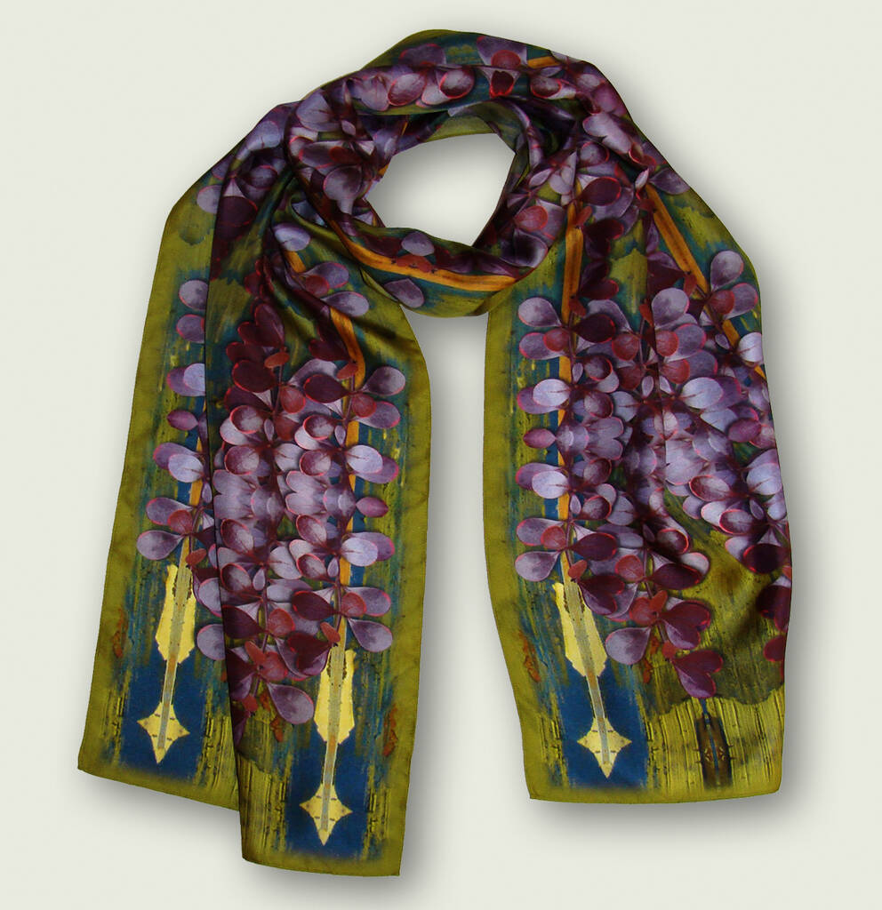 Emma Burton Silk Scarf In Exclusive Green And Purple Berberis Print | 