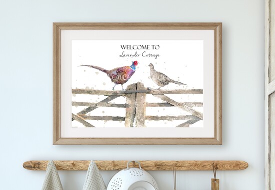 two pheasants on rural wooden gate