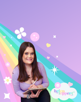 Image of Helen Leppert Digital Illustrator sitting in front of a bright and vibrant pastel coloured rainbow. Helen is holding an iPad which she uses to draw. 