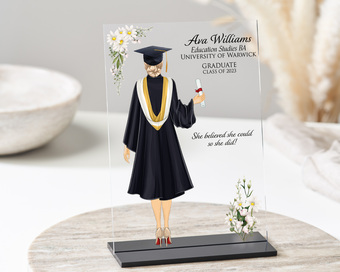 Personalised graduation character prints on acrylic plaques.