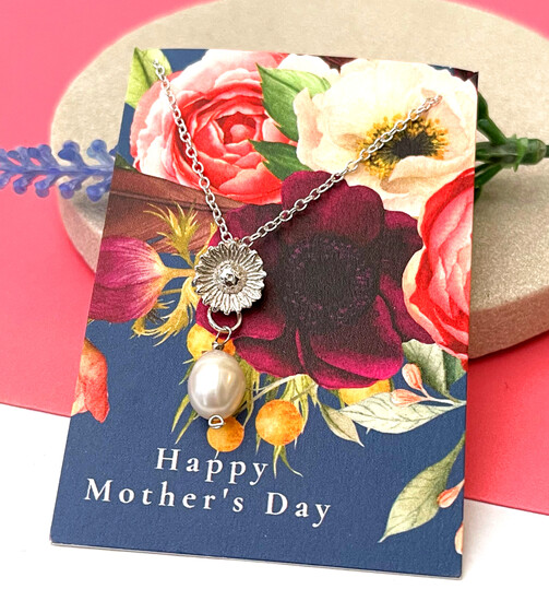 sterling silver sunflower and peal necklace with happy mother's day gift card