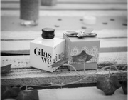 Black and white image of a Glaswegin 5cl a gift box and leaf 