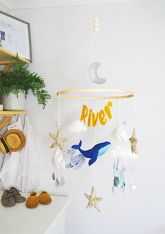 Handmade Blue Whale, Starfish and Cloud Themed Children's Nursery Mobile with Metallic Moon and Personalisation
