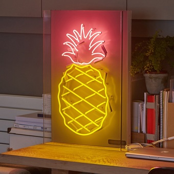 2 colour pineapple real glass neon sign with pink leaves and yellow criss cross fruit section on white background