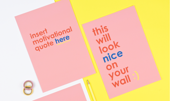 Two print art prints are on a white and yellow background. One reads 'insert motivational quote here' and the other reads 'This will look nice on your wall'.