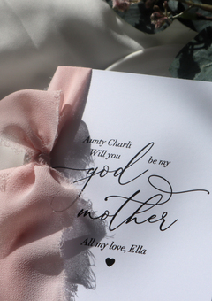 Luxury personalised Will you be my godmother card with blush pink chiffon ribbon