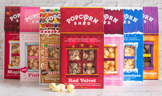 A selection of Popcorn Shed's gourmet popcorn sheds, including Red Velvet, Toasted Marshmallow, Chocolate Orange and more. 