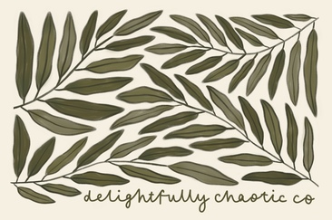 A digital illustration of intertwined leaves in different tones of green with ‘delightfully chaotic co’ in hand lettering beneath.
