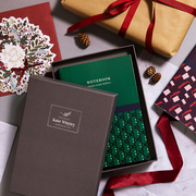 Christmas ribbons and luxury gift boxing surrounding a green handmade thick stitch bound journal to gift