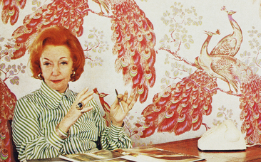 Picture of Florence Broadhurst and her peacock design in the 1960s
