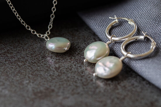 Freshwater pearl coin hoop earrings and necklace set