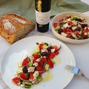 Greek salad with Opus Olea extra virgin olive oil