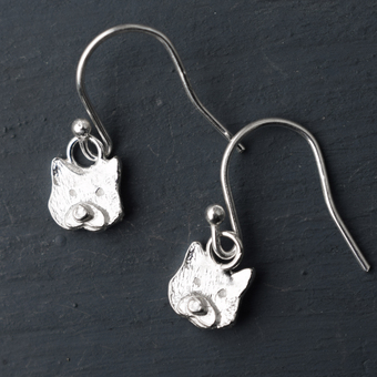 silver cat earrings, cat drop earrings