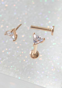Tragus earring with labret back, Clear triangular cubic zirconia stone, 14 carat solid gold earring