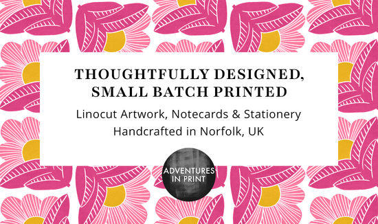 Adventures in print is a modern linocut stationery studio, we create modern notecards and greeting cards from Norfolk UK