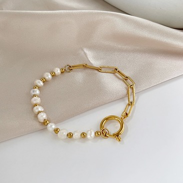 Freshwater pearl & paper clip chain bracelet