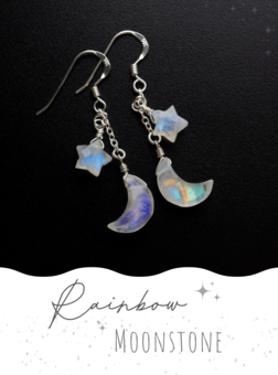 Rainbow moonstone moon and star dangle earrings