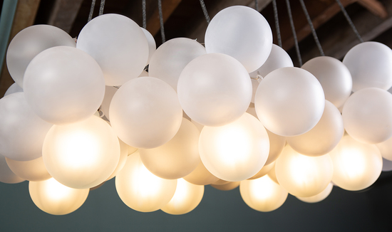 Two, five point frosted bubble chandeliers