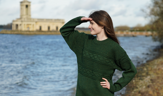 lady wearing a guernsey jumper made by mars knitwear