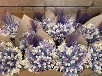 Violet blossom purple and white dried flower bouquet made by willow cottage flowers
