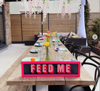 Feed me print for kitchen in neon pink frame, table decor, tablescaping