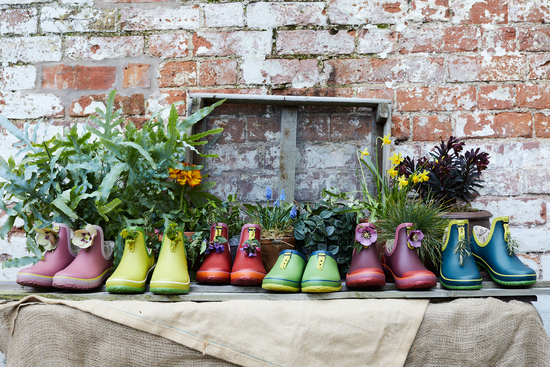A row of 6 pairs of rubber garden shoes and back door clogs in various colours