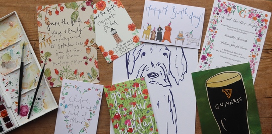 A colourful picture filled with watercolour illustrations, greetings cards, a blue image of a dog and a drawing of a Guinness