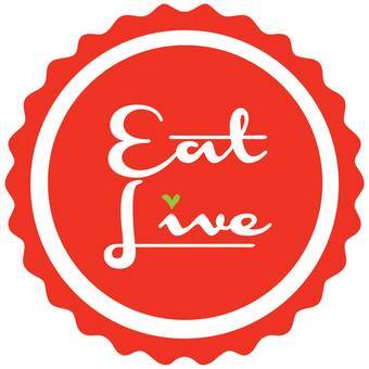 Logo - red stamp with words Eat Live inside with herb over 'i'