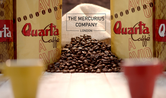 Quarta Caffe Avio with coffee beans and The Mercurius Company Ltd logo
