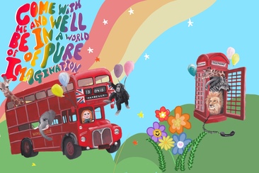 London Bus and London phone box with animals and rainbow typography. 