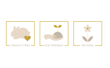 3 Boxes - 1. Cruelty-Free (with image of rabbit and a gold heart), 2. Eco-Friendly (with image of hand holding soil), 3. Natural (with image of flower)