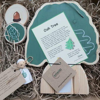 Wooden oak tree set with handpainted discs and matching peg doll - nature inspired gift set for children - eco friendly plastic free gifts